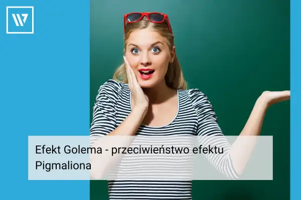 Zaskoczona kobieta z czerwonymi okularami na głowie, prezentująca efekt Golema – przeciwieństwo efektu Pigmaliona.