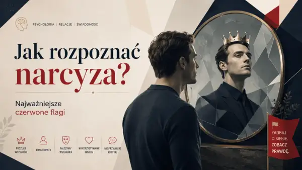 Jak rozpoznać narcyza? Mężczyzna w lustrze widzi siebie w koronie, symbolizując poczucie wyższości i fałszywy wizerunek.