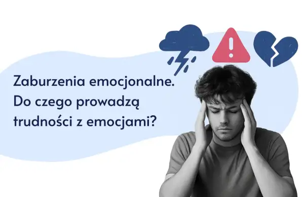 Młody mężczyzna z zaburzeniami emocjonalnymi trzyma się za głowę. Nad nim chmura burzowa, znak ostrzegawczy i złamane serce.