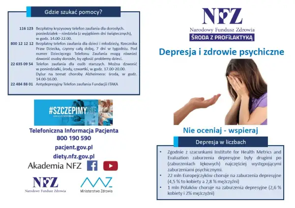 Obraz przedstawia informacje o depresji i zdrowiu psychicznym, w tym numery telefonów zaufania, które mogą pomóc osobom doświadczającym objawów psychotycznych.