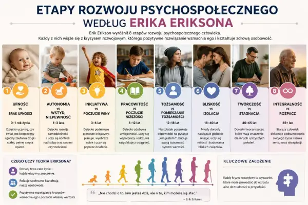 Grafika przedstawia 8 etapów rozwoju psychospołecznego według teorii Eriksona, od niemowlęctwa do starości, z opisem kluczowych kryzysów.