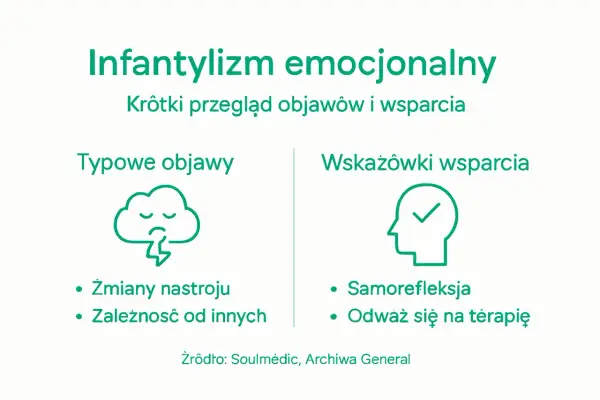 Infantylizm emocjonalny: objawy (chmura ze smutną buźką, zmiany nastroju, zależność) i wsparcie (głowa z haczykiem, samorefleksja, terapia). Syndrom Piotrusia Pana.