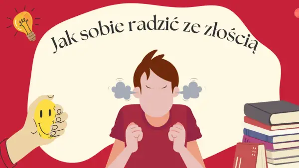Chcesz wiedzieć, jak radzić sobie ze złością? Ilustracja pokazuje zdenerwowaną postać, która próbuje się uspokoić, trzymając uśmiechniętą buźkę.