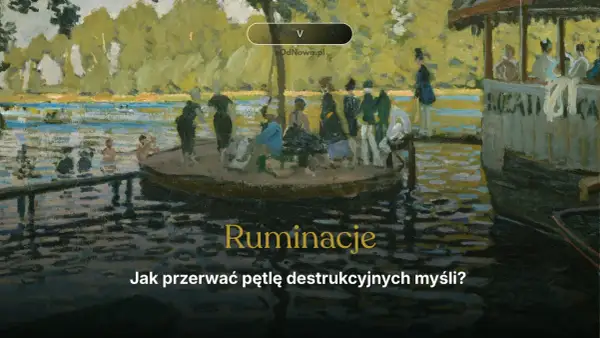 Ruminacje: jak przerwać pętlę destrukcyjnych myśli? Obraz przedstawia ludzi na łodzi i w wodzie, sugerując potrzebę uwolnienia się od natrętnych myśli.