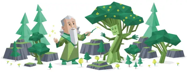 Magiczny las, gdzie czarodziej o cechach INFJ-T ożywia drzewo.
