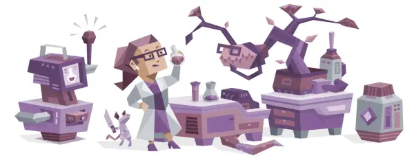 Kobieta z okularami w fartuchu laboratoryjnym, badająca płyn w probówce, otoczona dziwnymi urządzeniami i rośliną. To idealny obraz dla intp osobowość.